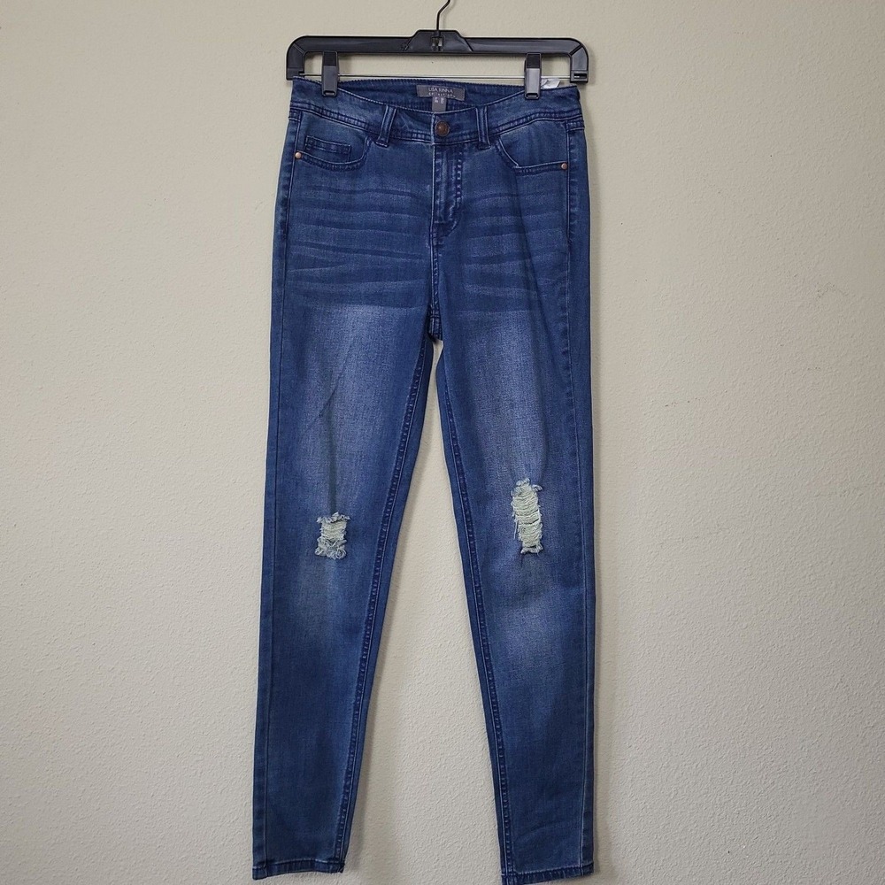 Lisa Rinna Womens Blue Dark‎ Wash Flat Front Distressed Denim Skinny Jeans Sz 00